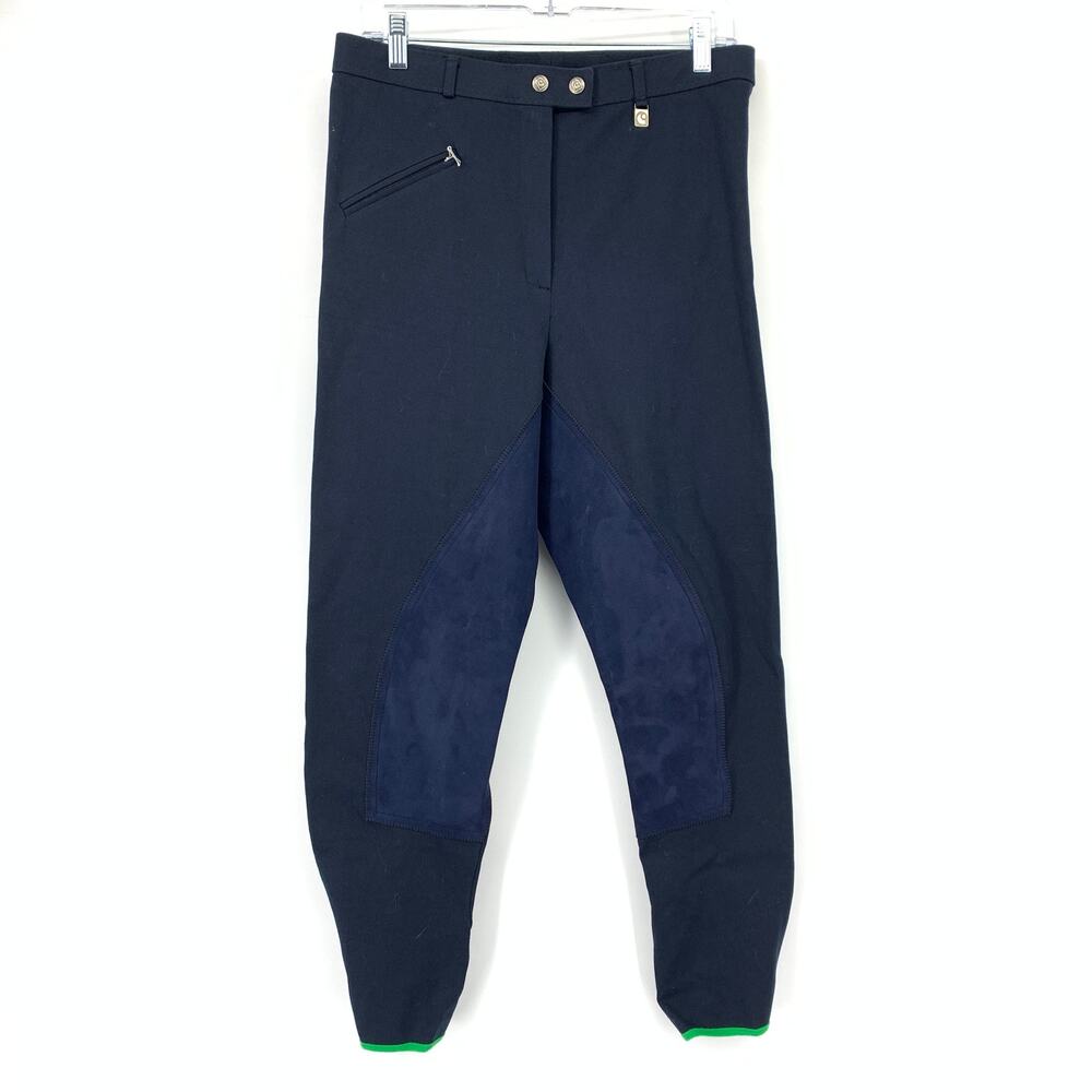 Cavallo Breeches Jodhpurs Womens Size 34 Navy Blue Green Trim Leather Patches